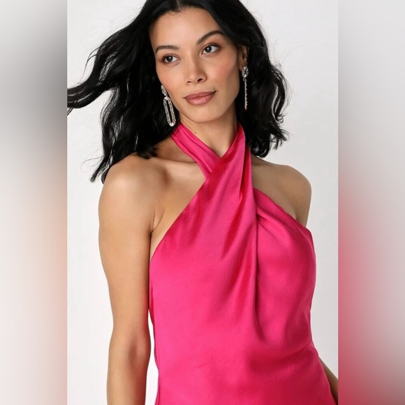 Lulus NWT Women’s “Beyond Classy” Hot Pink Satin Halter Midi Dress. Size Medium. - Picture 11 of 16